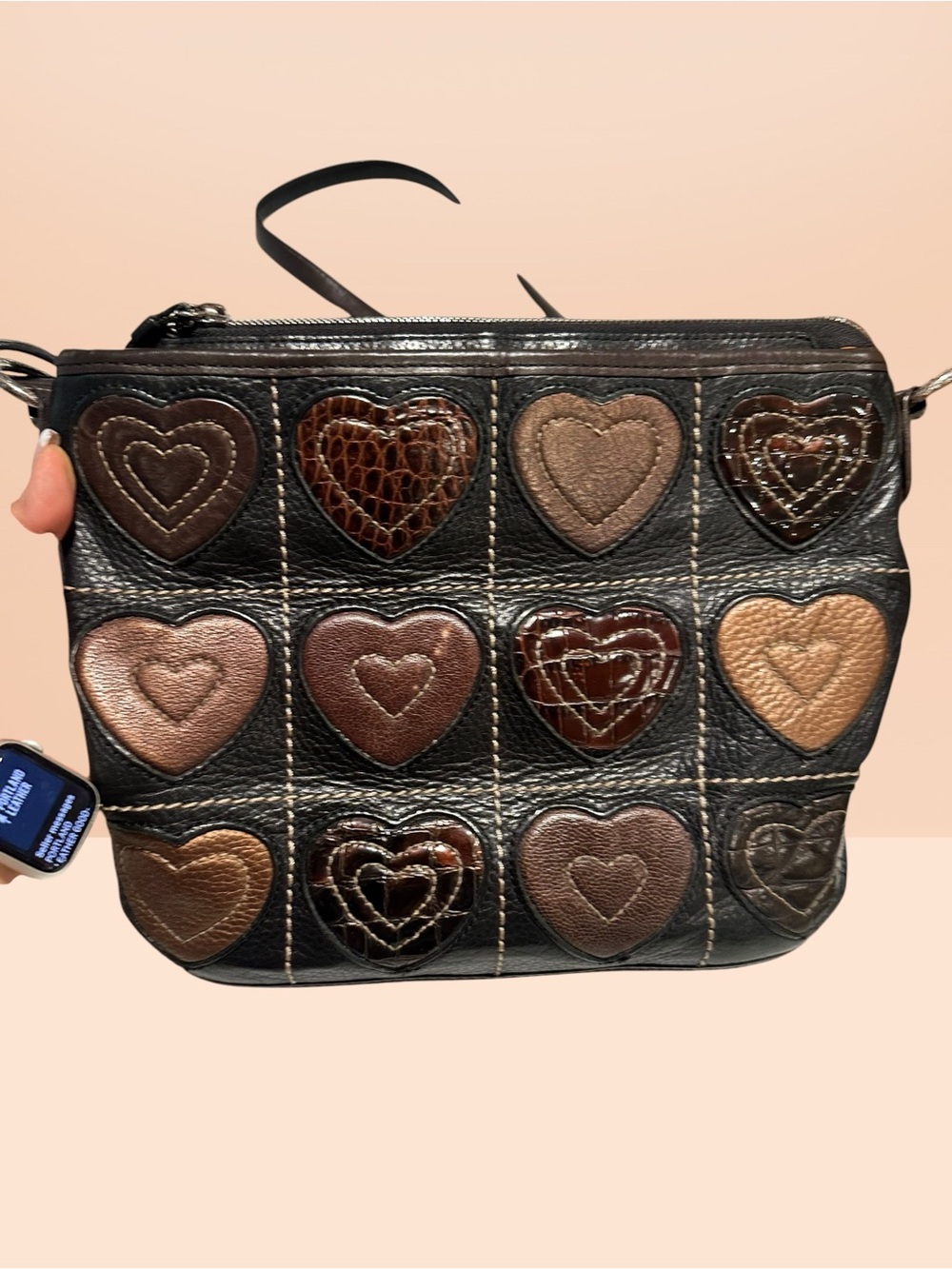 Brighton Black Crossbody Bag with Brown and Tan Heart Patches